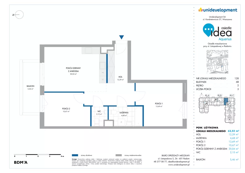 3 pokoje, mieszkanie 63,52 m², piętro 2, oferta nr 6B/128, Osiedle Idea - Aquarius, Radom, Wacyn, ul. Listopadowa