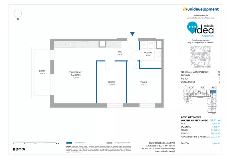3 pokoje, mieszkanie 55,61 m², piętro 2, oferta nr 6B/129, Osiedle Idea - Aquarius, Radom, Wacyn, ul. Listopadowa