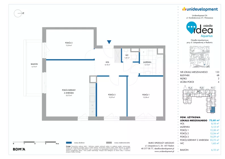 4 pokoje, mieszkanie 73,68 m², piętro 2, oferta nr 6B/133, Osiedle Idea - Aquarius, Radom, Wacyn, ul. Listopadowa