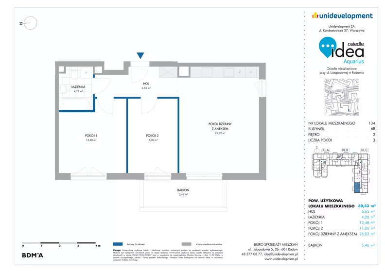 3 pokoje, mieszkanie 60,43 m², piętro 2, oferta nr 6B/134, Osiedle Idea - Aquarius, Radom, Wacyn, ul. Listopadowa