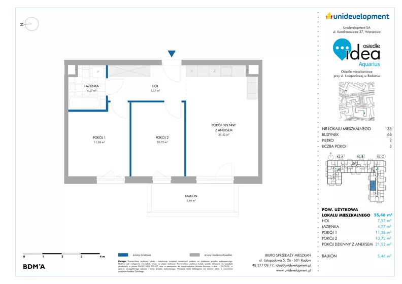 3 pokoje, mieszkanie 55,46 m², piętro 2, oferta nr 6B/135, Osiedle Idea - Aquarius, Radom, Wacyn, ul. Listopadowa