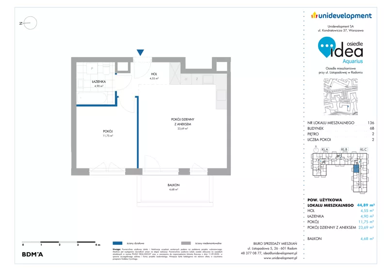 2 pokoje, mieszkanie 44,89 m², piętro 2, oferta nr 6B/136, Osiedle Idea - Aquarius, Radom, Wacyn, ul. Listopadowa