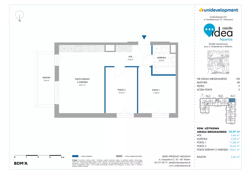 3 pokoje, mieszkanie 55,47 m², piętro 3, oferta nr 6B/138, Osiedle Idea - Aquarius, Radom, Wacyn, ul. Listopadowa