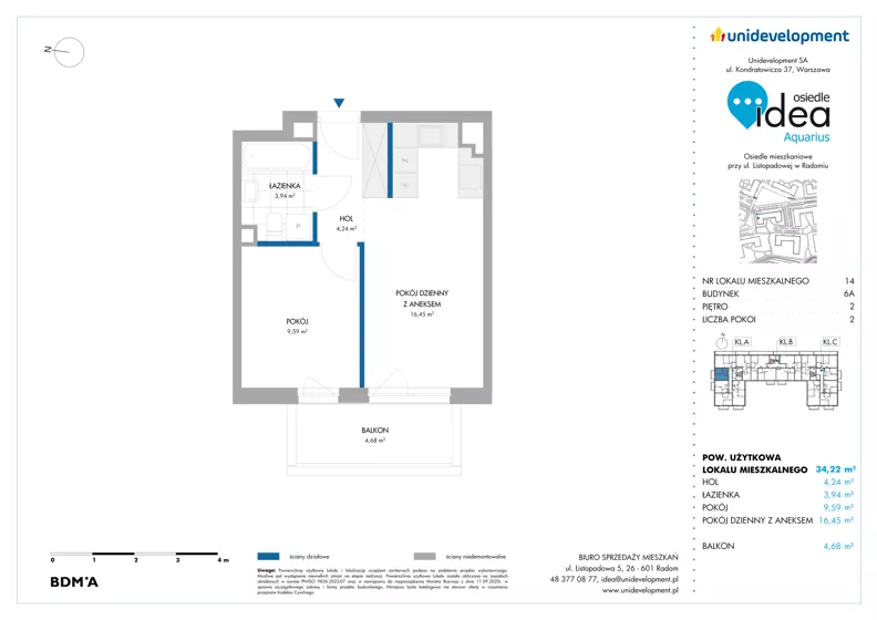 2 pokoje, mieszkanie 34,22 m², piętro 2, oferta nr 6A/14, Osiedle Idea - Aquarius, Radom, Wacyn, ul. Listopadowa
