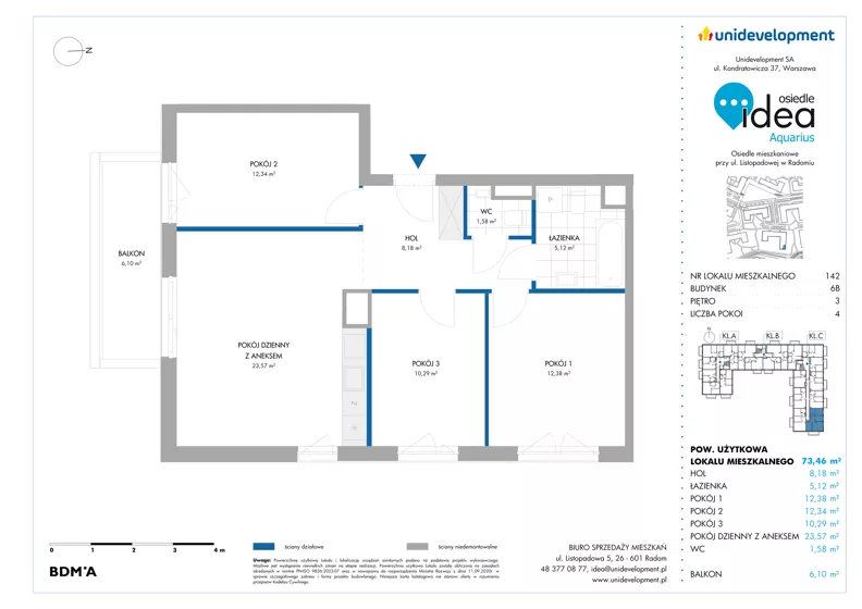4 pokoje, mieszkanie 73,46 m², piętro 3, oferta nr 6B/142, Osiedle Idea - Aquarius, Radom, Wacyn, ul. Listopadowa