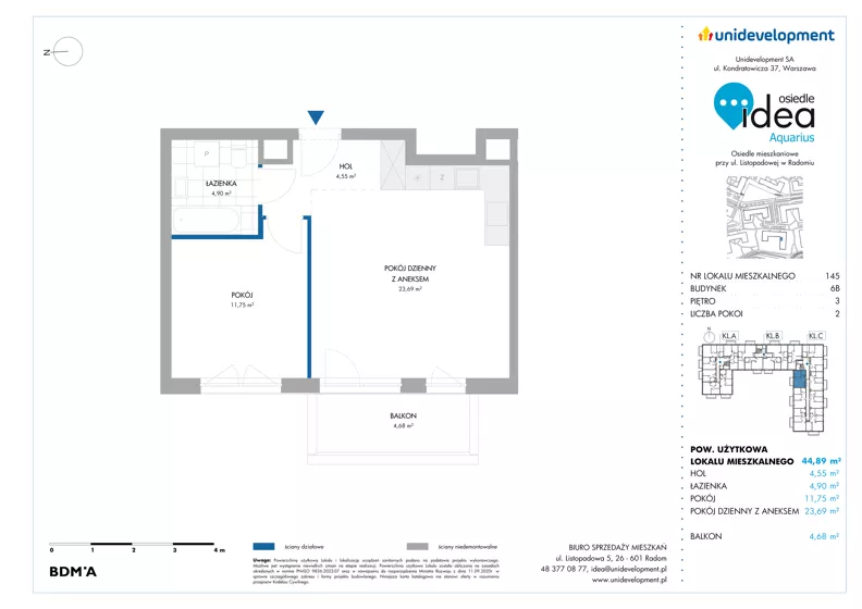 2 pokoje, mieszkanie 44,89 m², piętro 3, oferta nr 6B/145, Osiedle Idea - Aquarius, Radom, Wacyn, ul. Listopadowa
