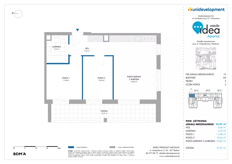 3 pokoje, mieszkanie 55,87 m², piętro 2, oferta nr 6A/15, Osiedle Idea - Aquarius, Radom, Wacyn, ul. Listopadowa