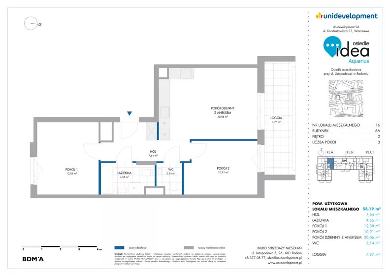3 pokoje, mieszkanie 58,19 m², piętro 2, oferta nr 6A/16, Osiedle Idea - Aquarius, Radom, Wacyn, ul. Listopadowa