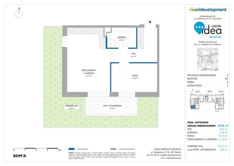 2 pokoje, mieszkanie 44,86 m², parter, oferta nr 6A/2, Osiedle Idea - Aquarius, Radom, Wacyn, ul. Listopadowa