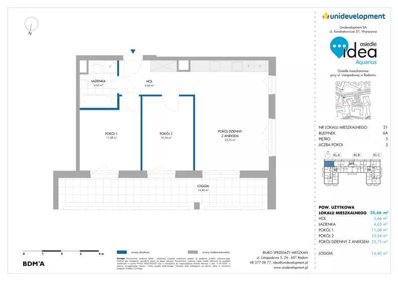 3 pokoje, mieszkanie 55,66 m², piętro 3, oferta nr 6A/21, Osiedle Idea - Aquarius, Radom, Wacyn, ul. Listopadowa