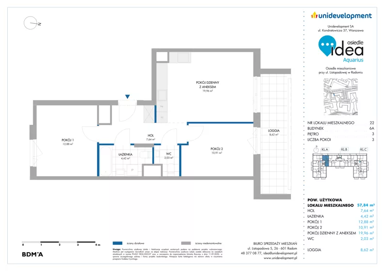 3 pokoje, mieszkanie 57,84 m², piętro 3, oferta nr 6A/22, Osiedle Idea - Aquarius, Radom, Wacyn, ul. Listopadowa
