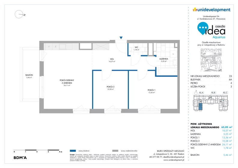 3 pokoje, mieszkanie 65,05 m², piętro 4, oferta nr 6A/23, Osiedle Idea - Aquarius, Radom, Wacyn, ul. Listopadowa