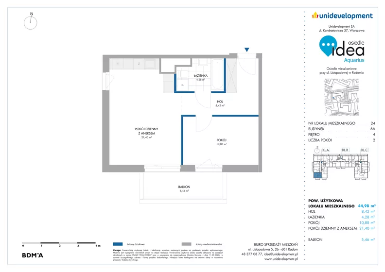 2 pokoje, mieszkanie 44,98 m², piętro 4, oferta nr 6A/24, Osiedle Idea - Aquarius, Radom, Wacyn, ul. Listopadowa