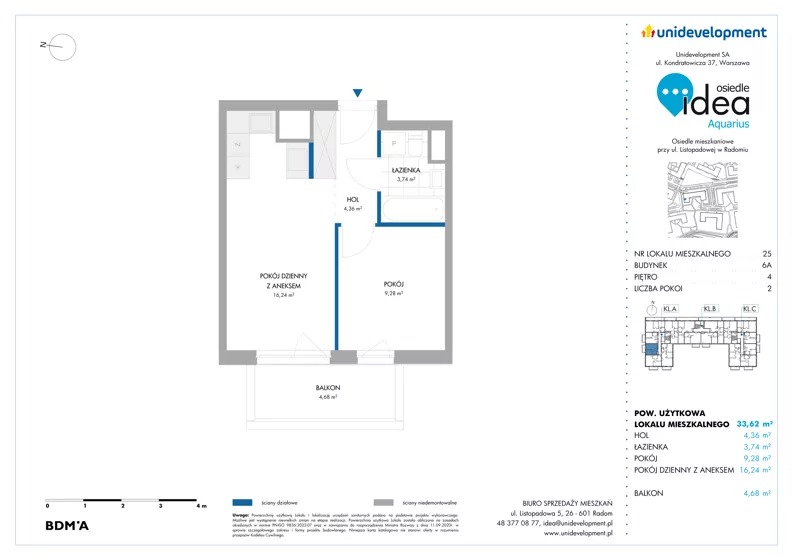 2 pokoje, mieszkanie 33,62 m², piętro 4, oferta nr 6A/25, Osiedle Idea - Aquarius, Radom, Wacyn, ul. Listopadowa