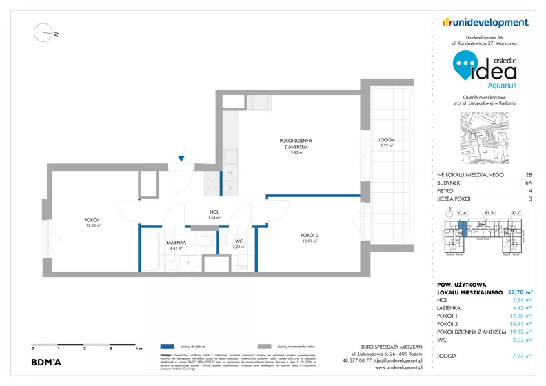3 pokoje, mieszkanie 57,70 m², piętro 4, oferta nr 6A/28, Osiedle Idea - Aquarius, Radom, Wacyn, ul. Listopadowa