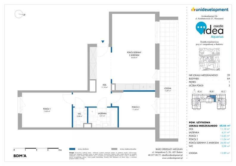 3 pokoje, mieszkanie 68,66 m², piętro 1, oferta nr 6A/29, Osiedle Idea - Aquarius, Radom, Wacyn, ul. Listopadowa