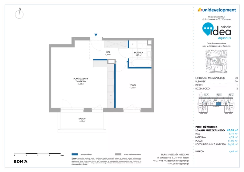 2 pokoje, mieszkanie 47,38 m², piętro 1, oferta nr 6A/30, Osiedle Idea - Aquarius, Radom, Wacyn, ul. Listopadowa