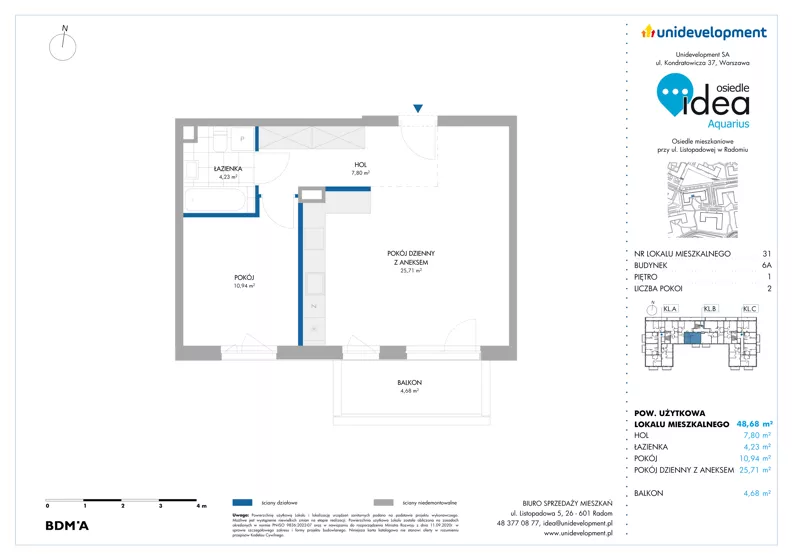 2 pokoje, mieszkanie 48,68 m², piętro 1, oferta nr 6A/31, Osiedle Idea - Aquarius, Radom, Wacyn, ul. Listopadowa