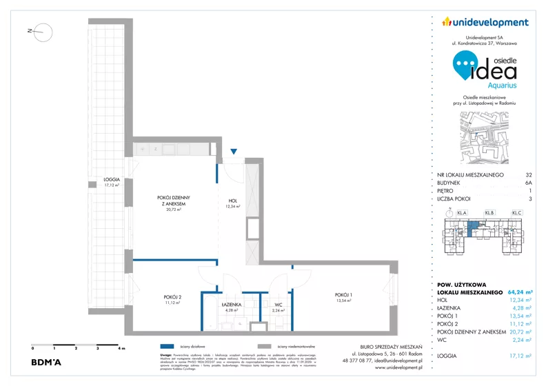 3 pokoje, mieszkanie 64,24 m², piętro 1, oferta nr 6A/32, Osiedle Idea - Aquarius, Radom, Wacyn, ul. Listopadowa