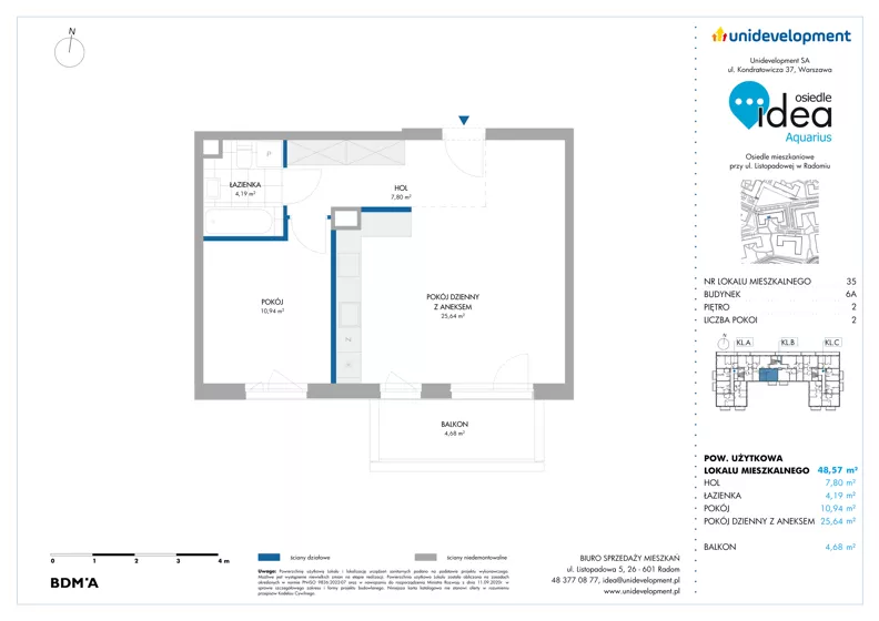 2 pokoje, mieszkanie 48,57 m², piętro 2, oferta nr 6A/35, Osiedle Idea - Aquarius, Radom, Wacyn, ul. Listopadowa