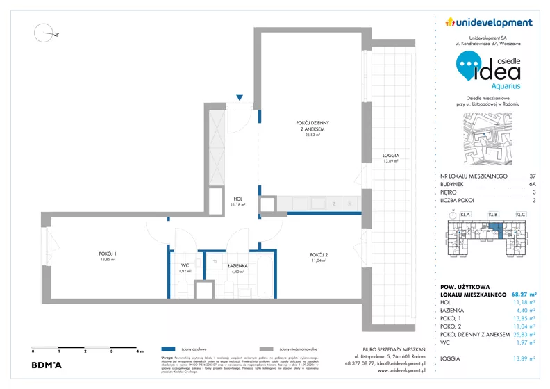3 pokoje, mieszkanie 68,27 m², piętro 3, oferta nr 6A/37, Osiedle Idea - Aquarius, Radom, Wacyn, ul. Listopadowa