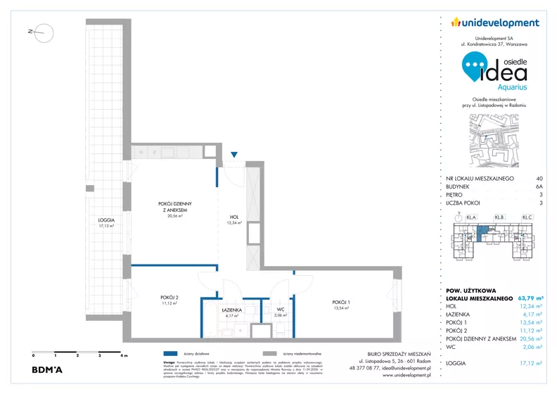 3 pokoje, mieszkanie 63,79 m², piętro 3, oferta nr 6A/40, Osiedle Idea - Aquarius, Radom, Wacyn, ul. Listopadowa