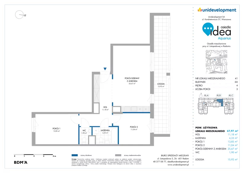 3 pokoje, mieszkanie 67,97 m², piętro 4, oferta nr 6A/41, Osiedle Idea - Aquarius, Radom, Wacyn, ul. Listopadowa