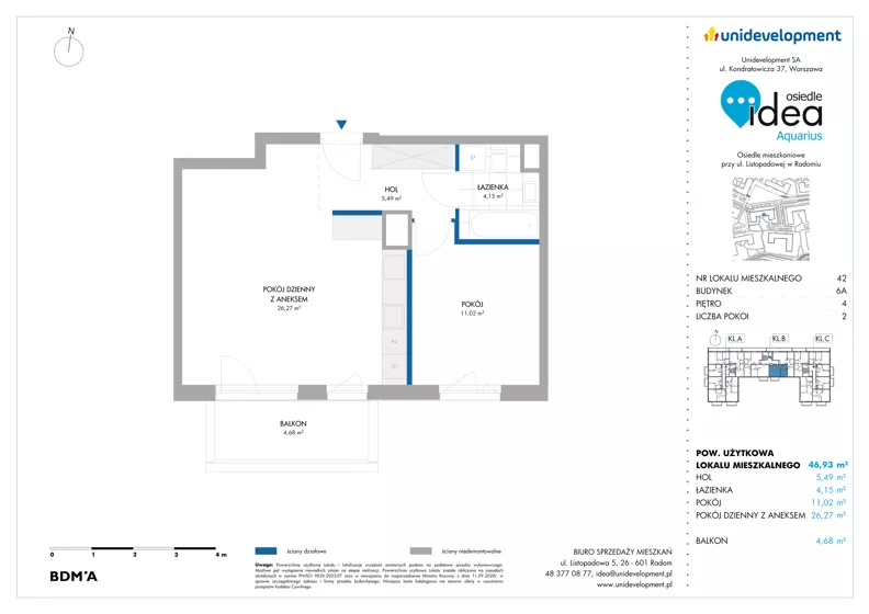 2 pokoje, mieszkanie 46,93 m², piętro 4, oferta nr 6A/42, Osiedle Idea - Aquarius, Radom, Wacyn, ul. Listopadowa