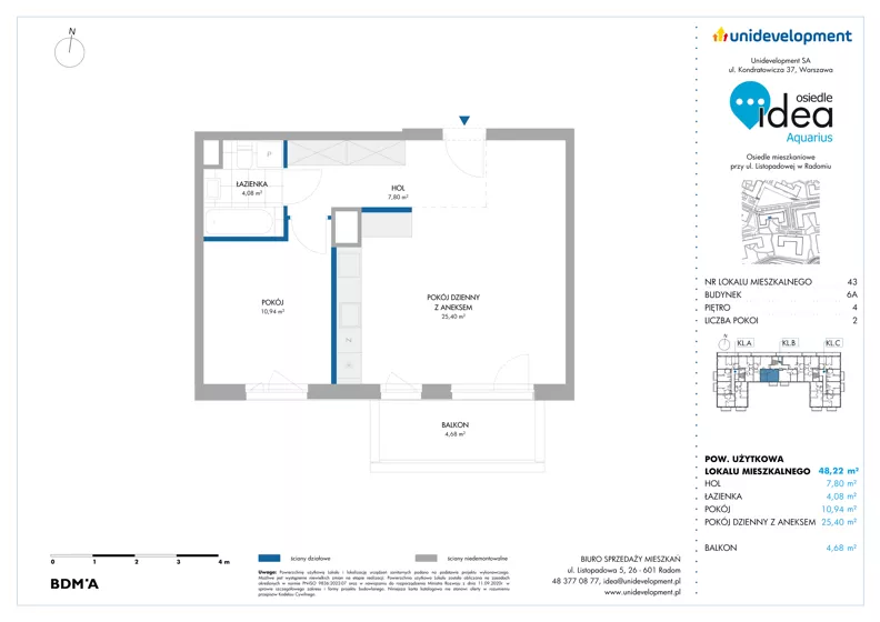 2 pokoje, mieszkanie 48,22 m², piętro 4, oferta nr 6A/43, Osiedle Idea - Aquarius, Radom, Wacyn, ul. Listopadowa