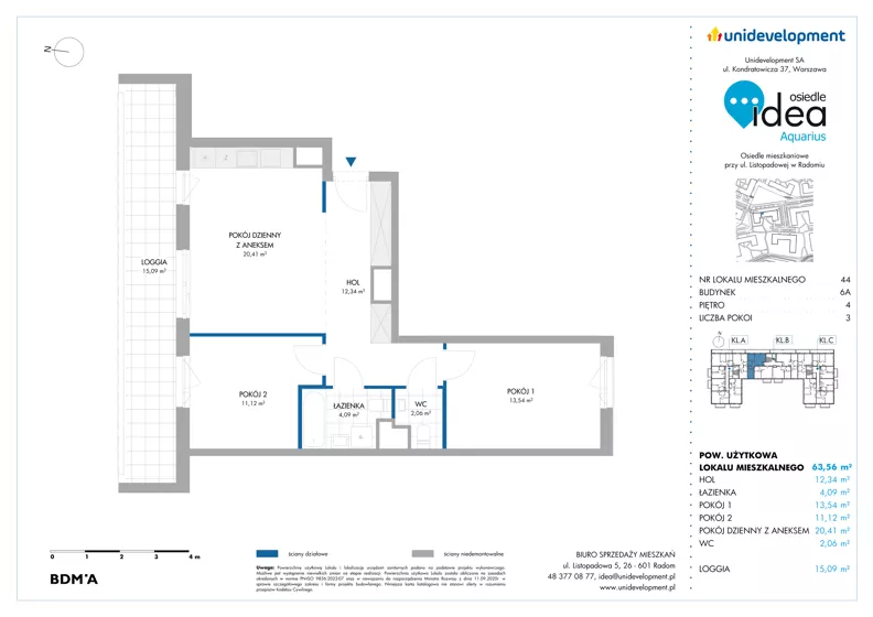 3 pokoje, mieszkanie 63,56 m², piętro 4, oferta nr 6A/44, Osiedle Idea - Aquarius, Radom, Wacyn, ul. Listopadowa