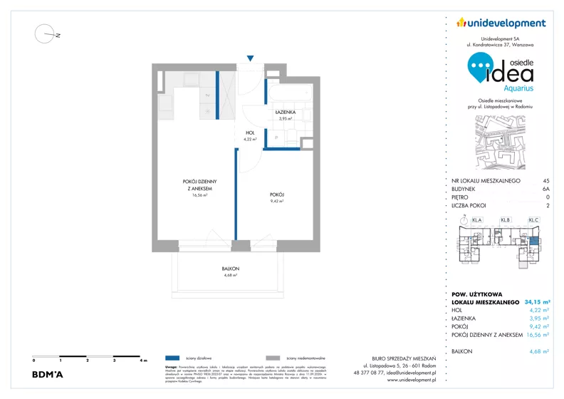 2 pokoje, mieszkanie 34,15 m², parter, oferta nr 6A/45, Osiedle Idea - Aquarius, Radom, Wacyn, ul. Listopadowa