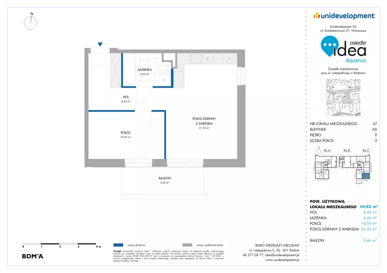 2 pokoje, mieszkanie 44,82 m², parter, oferta nr 6A/47, Osiedle Idea - Aquarius, Radom, Wacyn, ul. Listopadowa