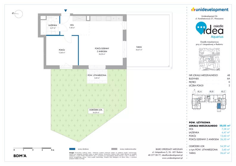 2 pokoje, mieszkanie 50,85 m², parter, oferta nr 6A/48, Osiedle Idea - Aquarius, Radom, Wacyn, ul. Listopadowa