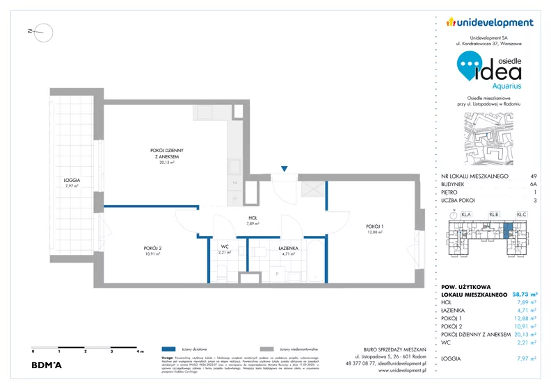 3 pokoje, mieszkanie 58,73 m², piętro 1, oferta nr 6A/49, Osiedle Idea - Aquarius, Radom, Wacyn, ul. Listopadowa