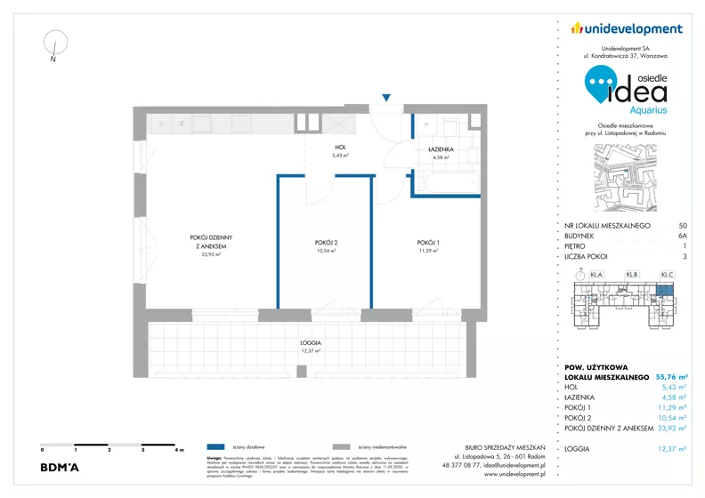3 pokoje, mieszkanie 55,76 m², piętro 1, oferta nr 6A/50, Osiedle Idea - Aquarius, Radom, Wacyn, ul. Listopadowa