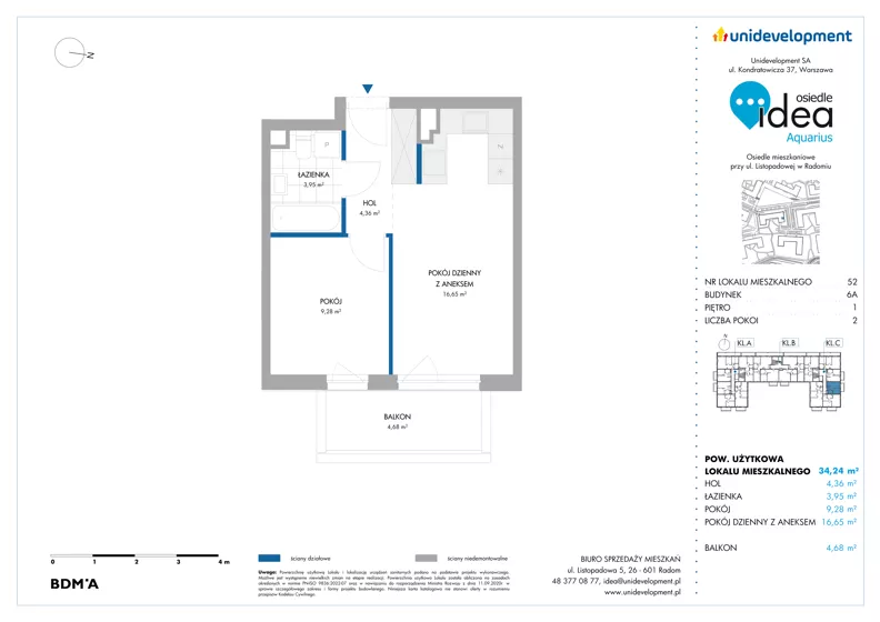 2 pokoje, mieszkanie 34,24 m², piętro 1, oferta nr 6A/52, Osiedle Idea - Aquarius, Radom, Wacyn, ul. Listopadowa