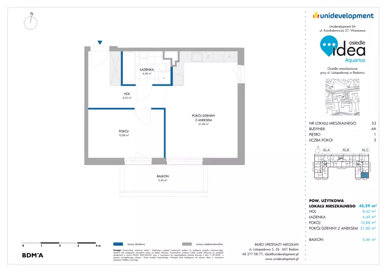 2 pokoje, mieszkanie 45,59 m², piętro 1, oferta nr 6A/53, Osiedle Idea - Aquarius, Radom, Wacyn, ul. Listopadowa