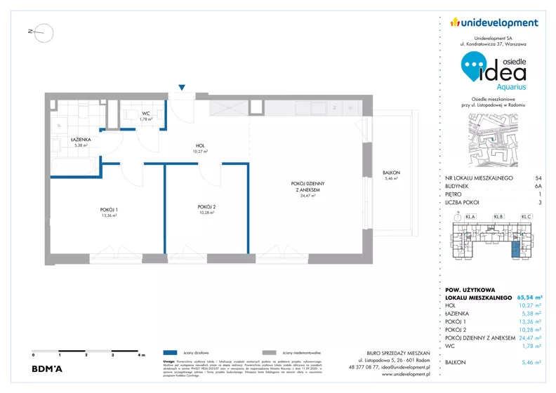 3 pokoje, mieszkanie 65,54 m², piętro 1, oferta nr 6A/54, Osiedle Idea - Aquarius, Radom, Wacyn, ul. Listopadowa