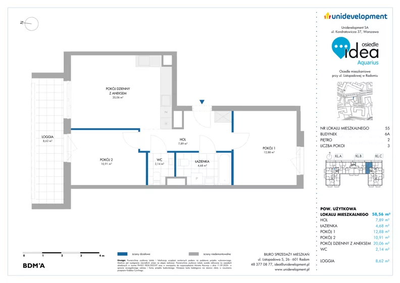 3 pokoje, mieszkanie 58,56 m², piętro 2, oferta nr 6A/55, Osiedle Idea - Aquarius, Radom, Wacyn, ul. Listopadowa