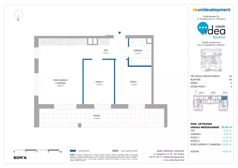 3 pokoje, mieszkanie 55,65 m², piętro 2, oferta nr 6A/56, Osiedle Idea - Aquarius, Radom, Wacyn, ul. Listopadowa