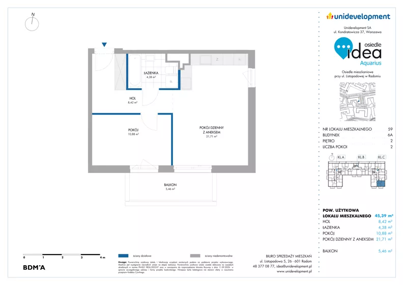 2 pokoje, mieszkanie 45,39 m², piętro 2, oferta nr 6A/59, Osiedle Idea - Aquarius, Radom, Wacyn, ul. Listopadowa