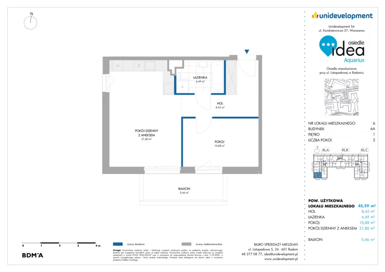 2 pokoje, mieszkanie 45,59 m², piętro 1, oferta nr 6A/6, Osiedle Idea - Aquarius, Radom, Wacyn, ul. Listopadowa