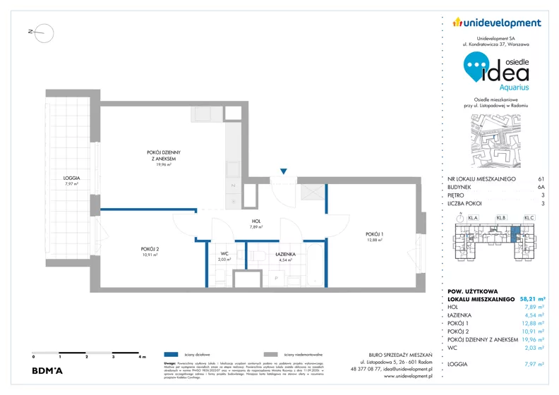 3 pokoje, mieszkanie 58,21 m², piętro 3, oferta nr 6A/61, Osiedle Idea - Aquarius, Radom, Wacyn, ul. Listopadowa