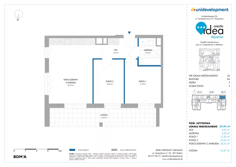 3 pokoje, mieszkanie 55,44 m², piętro 3, oferta nr 6A/62, Osiedle Idea - Aquarius, Radom, Wacyn, ul. Listopadowa
