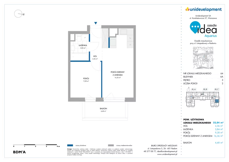 2 pokoje, mieszkanie 33,84 m², piętro 3, oferta nr 6A/64, Osiedle Idea - Aquarius, Radom, Wacyn, ul. Listopadowa