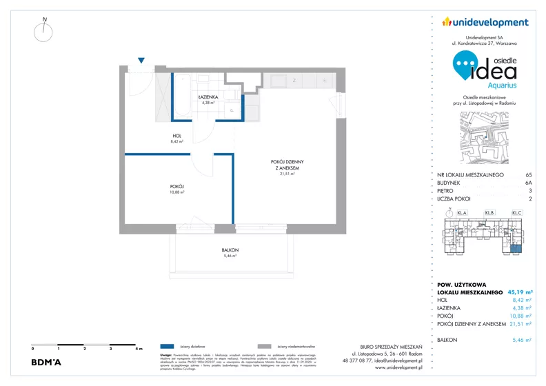 2 pokoje, mieszkanie 45,19 m², piętro 3, oferta nr 6A/65, Osiedle Idea - Aquarius, Radom, Wacyn, ul. Listopadowa