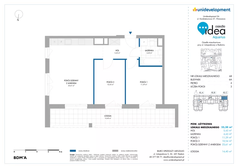 3 pokoje, mieszkanie 55,30 m², piętro 4, oferta nr 6A/68, Osiedle Idea - Aquarius, Radom, Wacyn, ul. Listopadowa