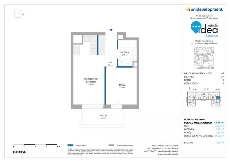 2 pokoje, mieszkanie 33,88 m², piętro 4, oferta nr 6A/69, Osiedle Idea - Aquarius, Radom, Wacyn, ul. Listopadowa