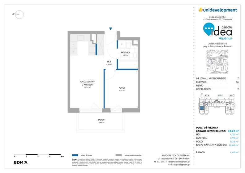 2 pokoje, mieszkanie 34,24 m², piętro 1, oferta nr 6A/7, Osiedle Idea - Aquarius, Radom, Wacyn, ul. Listopadowa