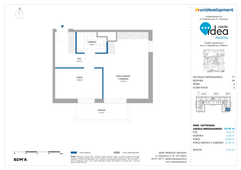 2 pokoje, mieszkanie 44,98 m², piętro 4, oferta nr 6A/71, Osiedle Idea - Aquarius, Radom, Wacyn, ul. Listopadowa
